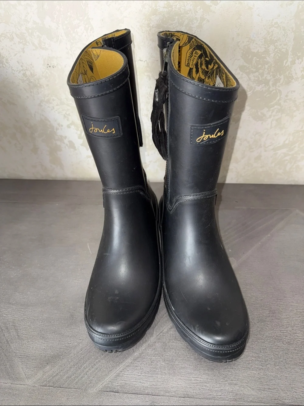 Joules Black Rubber Mid-Calf Rain Boots with Yellow Lining